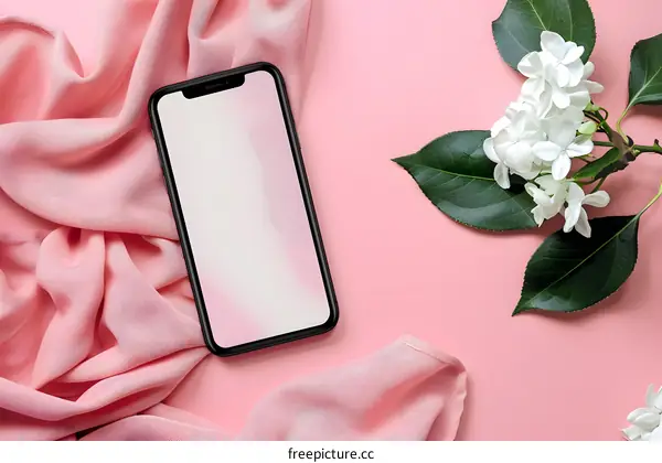 White Flowers and Smartphone on Pink Background