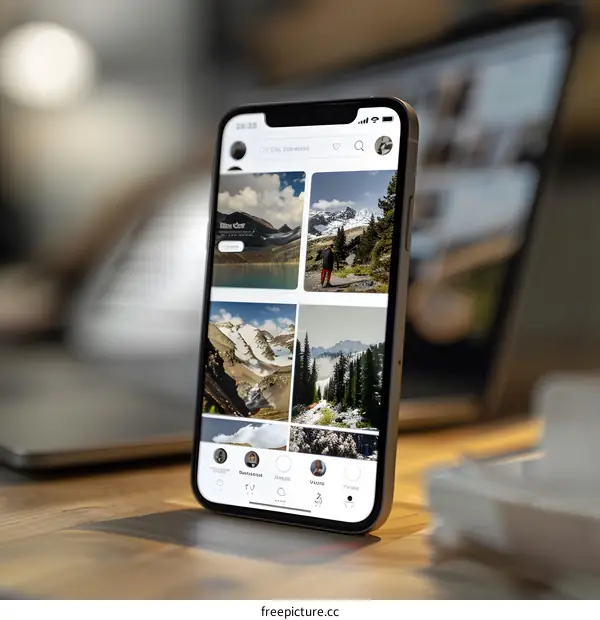 Smartphone Displaying Social Media App with Mountain Photos