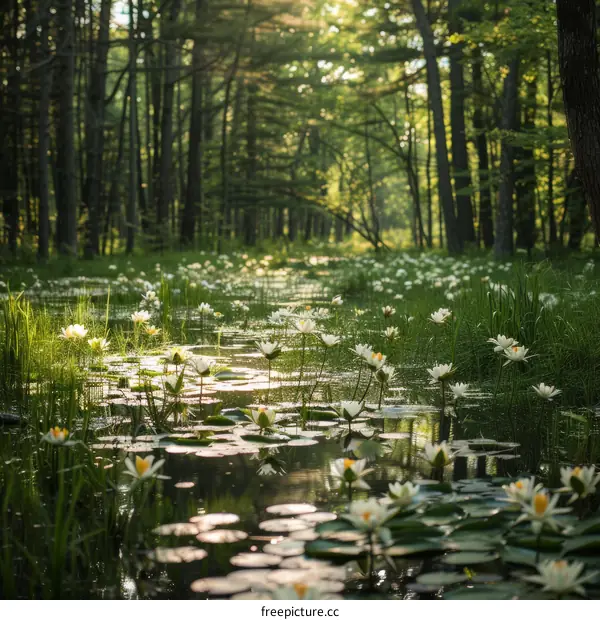 The sun shines through the forest and shines on the white flowers in the pond