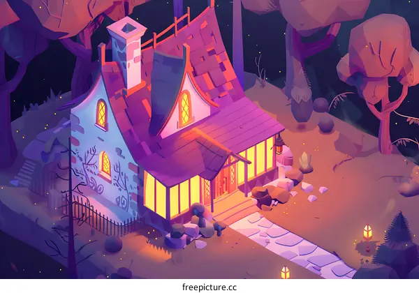 Night View of a Cozy Cottage in the Woods