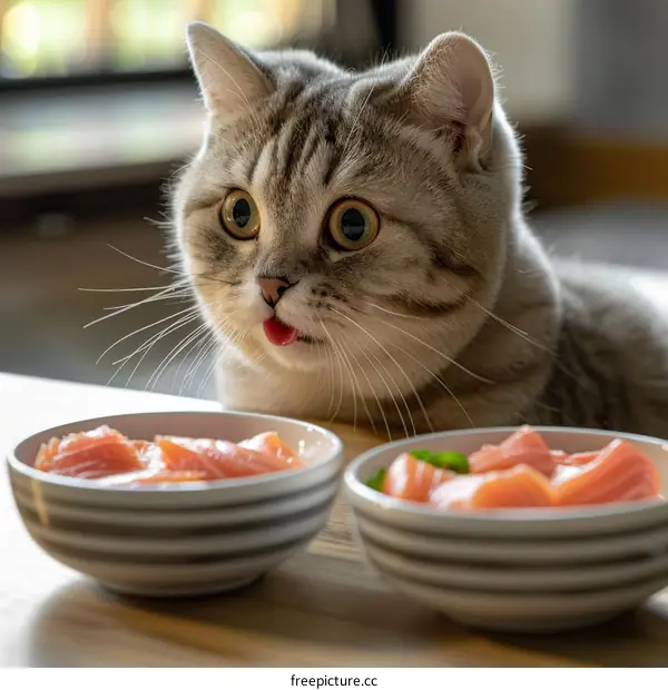 Hungry Tabby Cat Eyes Two Bowls of Salmon