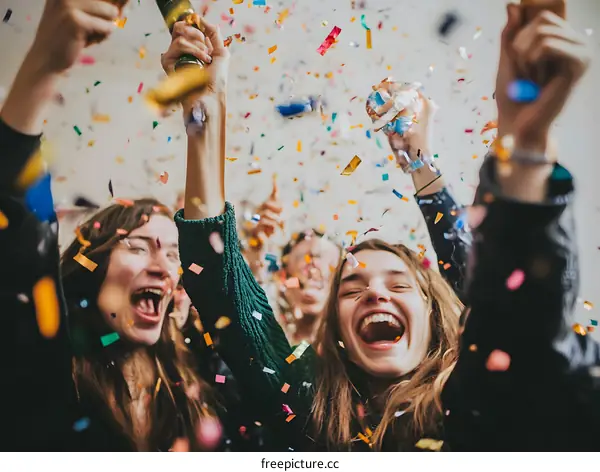 Group Of Friends Celebrating With Confetti And Champagne
