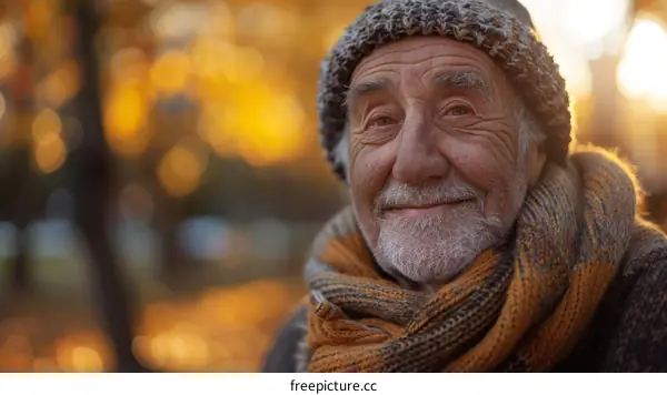 Elderly Man Smiling Outdoors in Autumn