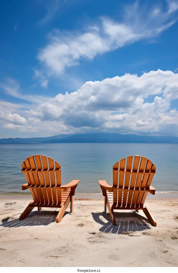 Two Adirondack chairs sit on the beach overlooking a lake on a sunny day