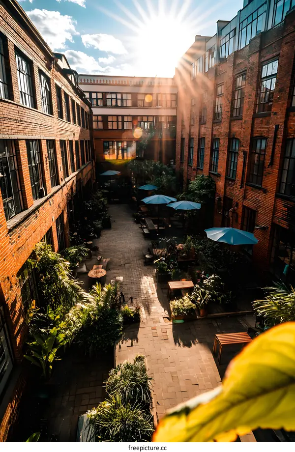 Brick Building Courtyard with Sun Shining Through