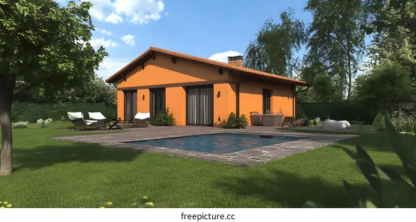 Orange House with Pool in Backyard