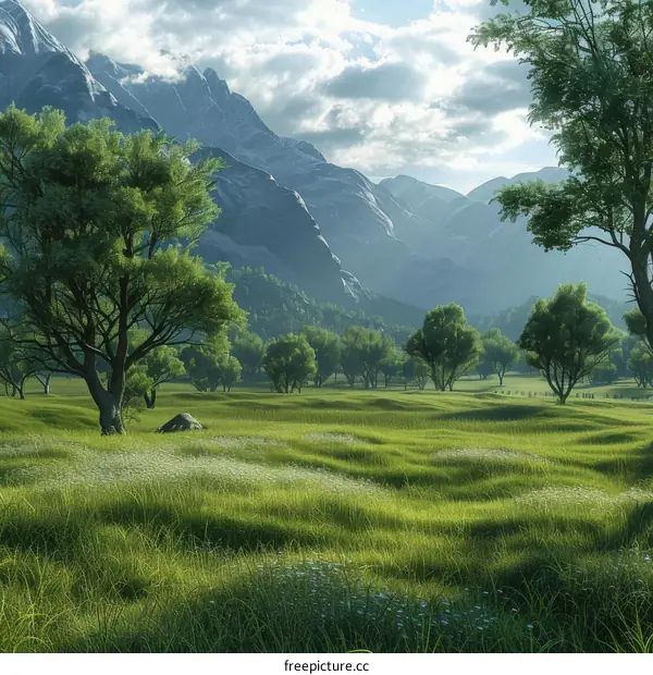Fantasy Landscape Painting: Mountain Valley with Trees and Grass
