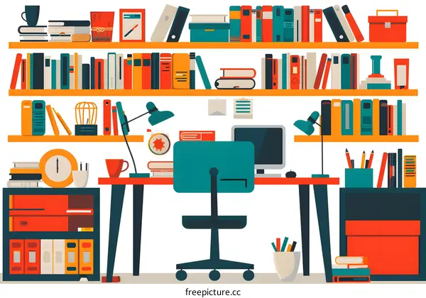 Flat Illustration of a Modern Workplace With Bookshelves