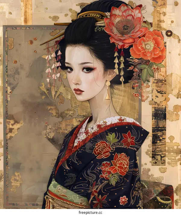 An illustration of a Japanese woman in a kimono with red and white flowers in her hair.