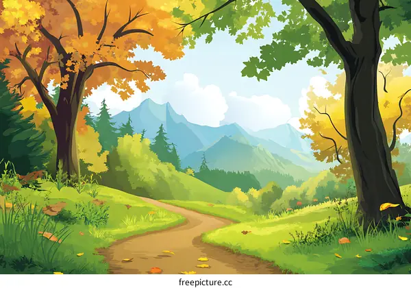 Autumn Forest Path With Mountains in the Background