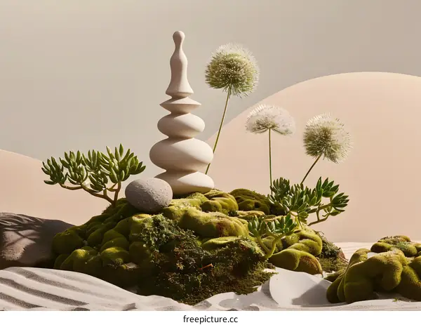 Minimalist Still Life with White Ceramic Sculpture on Green Moss and Sand