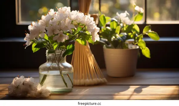 A beautiful bouquet of white flowers sitting in front of a window.