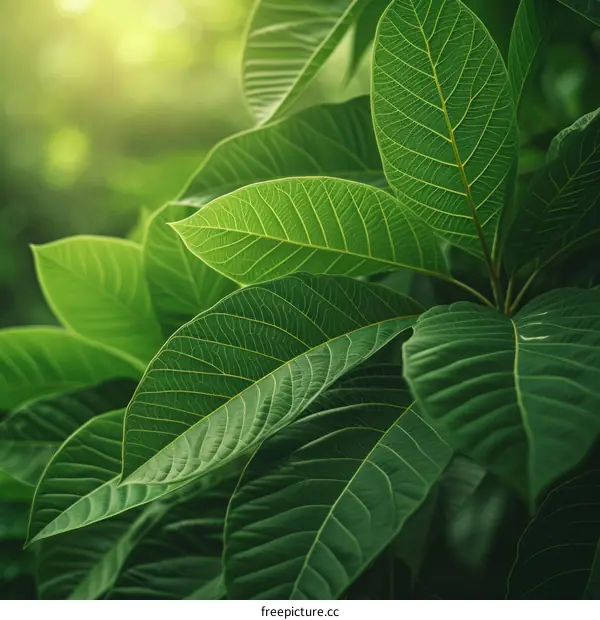 Close-up of green leaves with sunlight shining through