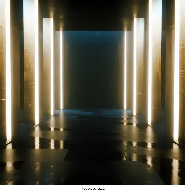 A Modern Illuminated Corridor with Reflective Floors and Vertical Light Columns