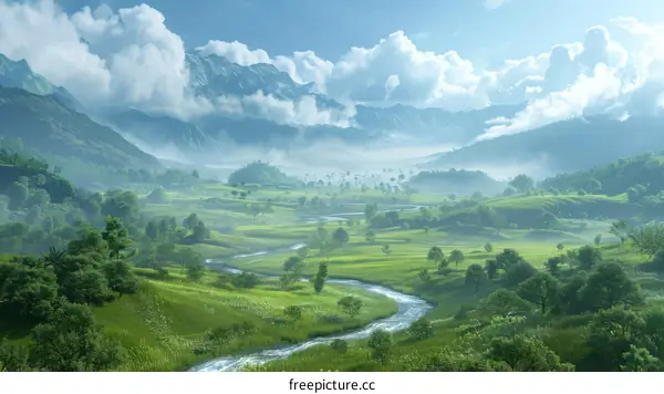 Fantasy Landscape with Mountains, Rivers, and Clouds