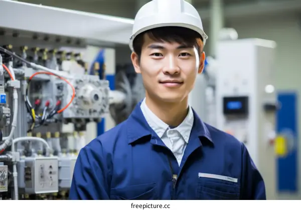 Portrait of a young Asian engineer wearing a hard hat and safety glasses in a factory