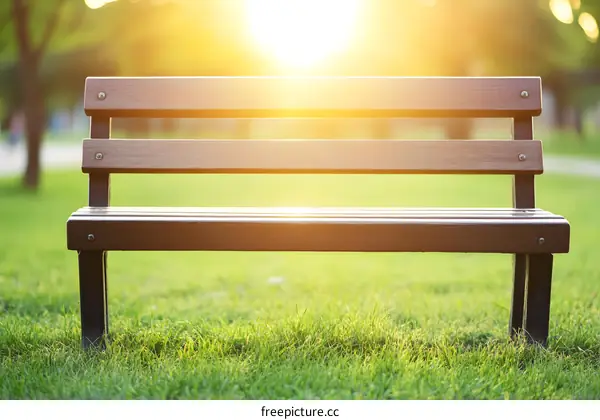 Empty Wooden Bench In A Green Grass Field At Sunset