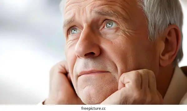 Close Up of Senior Man Looking Up With Hands On Chin
