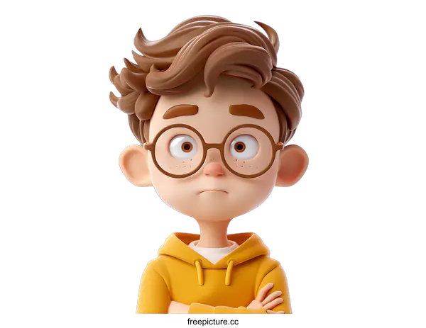 [Transparent Background PNG]3D cartoon character of a boy with brown hair and glasses