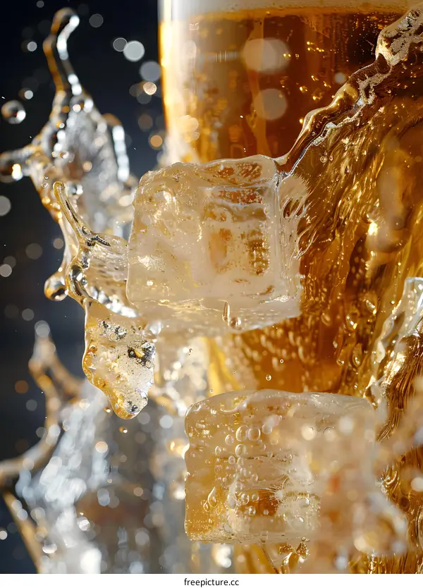 Close Up of Ice Cubes in Splashing Beer