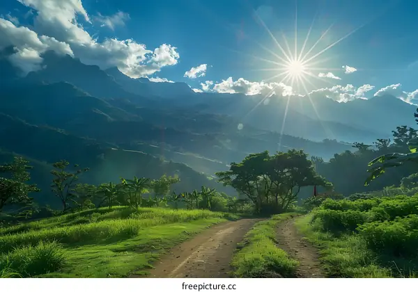 The sun shines through the mountain road