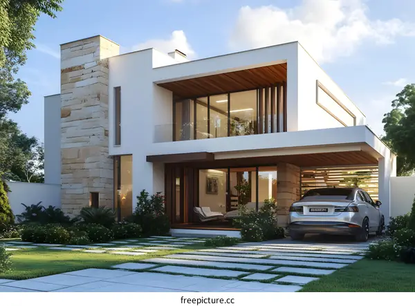 Modern House Exterior Design With Stone Wall And Wooden Details