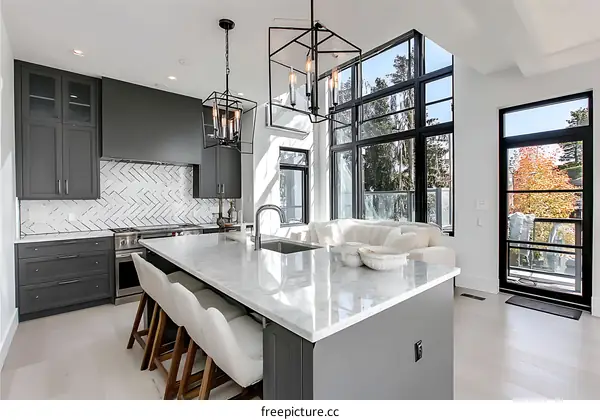 Modern Grey Kitchen with Large Windows