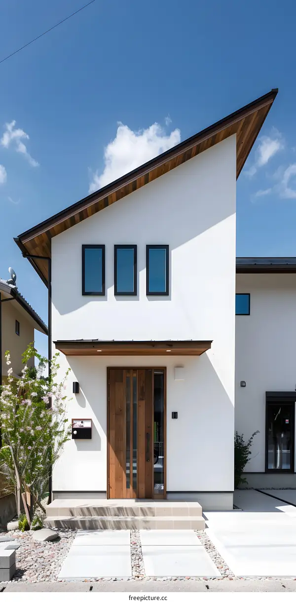 Modern Japanese House with White Walls and Wooden Roof