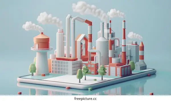 A 3D illustration of an industrial factory complex with multiple buildings, smokestacks, and storage tanks.