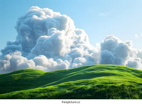 White clouds over green hills