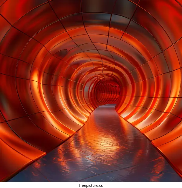 Futuristic tunnel with glowing red lights