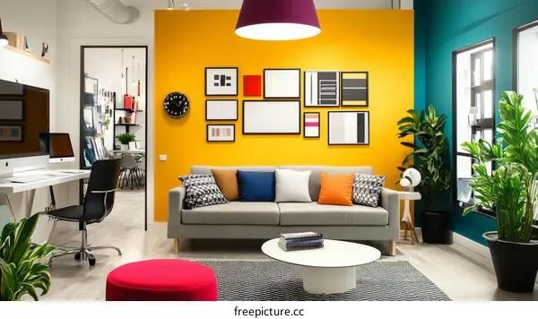 Modern Office Space with Yellow and Teal Walls