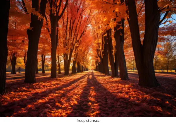 vibrant autumn trees with fallen leaves in the park