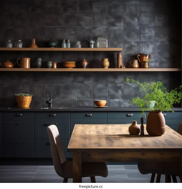 Dark Blue Kitchen Cabinets and Open Shelving