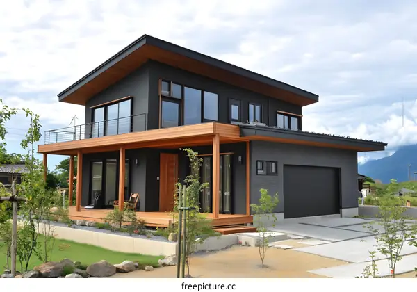 Modern Black and Wooden House Exterior With Green Lawn