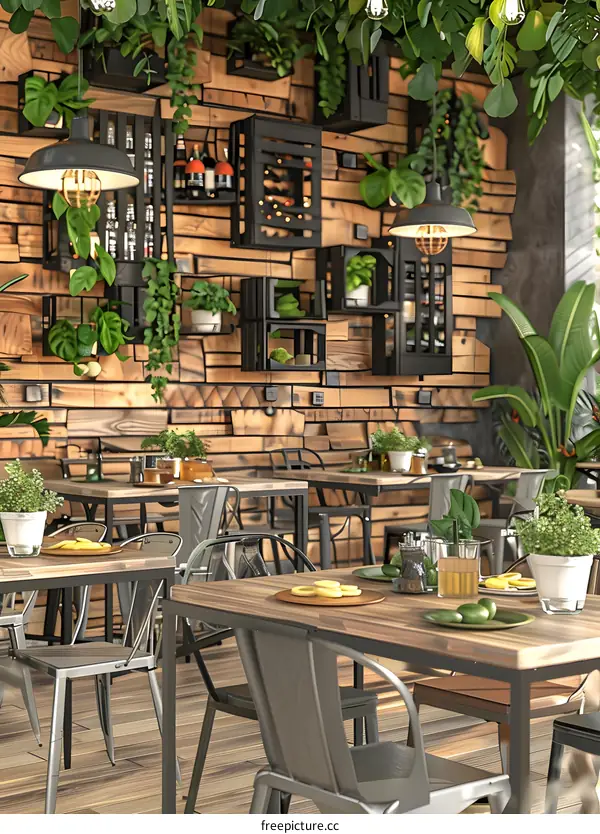 Modern Restaurant Interior Design With Wooden Wall Decor