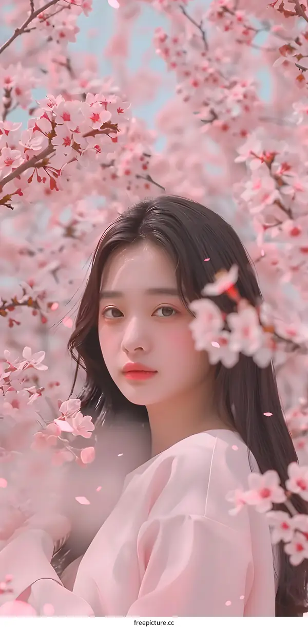 Beautiful Asian Woman In Pink Dress  With Cherry Blossoms
