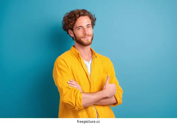 Confident Caucasian Man in Yellow Shirt Against Blue Background
