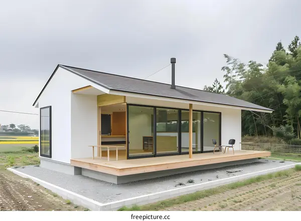 Modern Minimalist White House with Wooden Deck and Sliding Doors