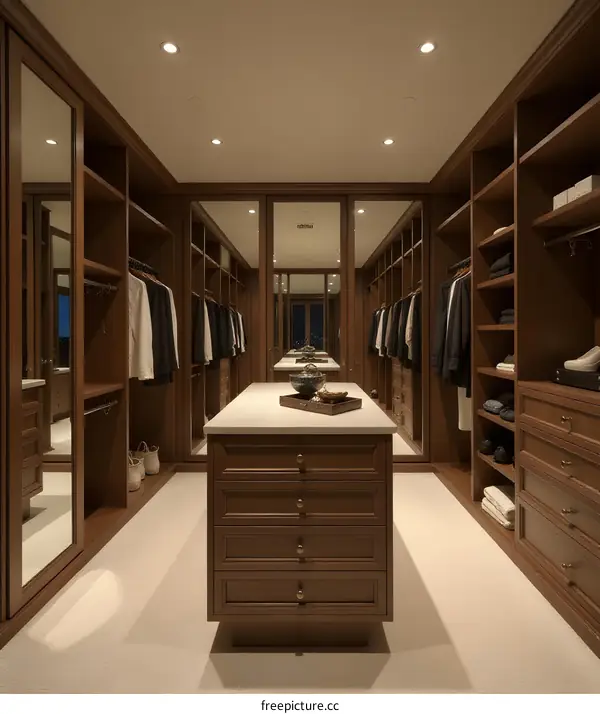 Luxury Walk In Closet With Wood Cabinets and Drawers