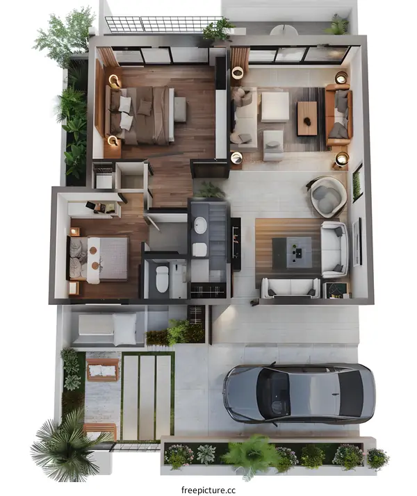Modern House Floor Plan With Car and Garden
