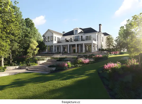 Backyard of a Large White House with a Stone Patio and Stairs