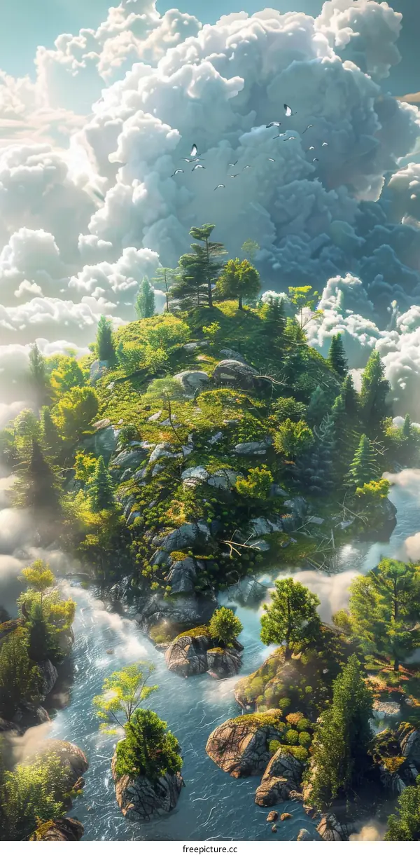 Green Island Floating in the Azure Sky