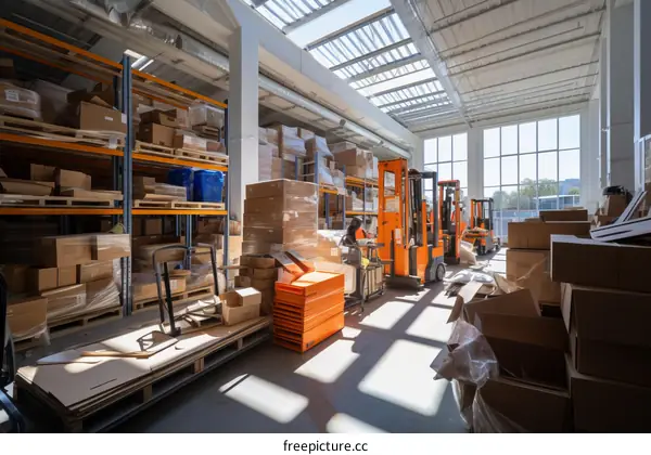 A warehouse with a large number of cardboard boxes and a forklift