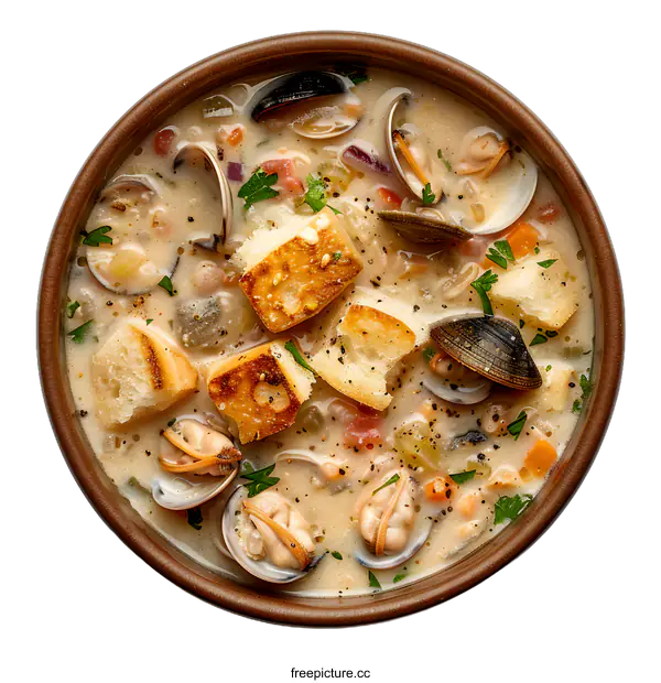 [Transparent Background PNG]Clam chowder soup with bread croutons