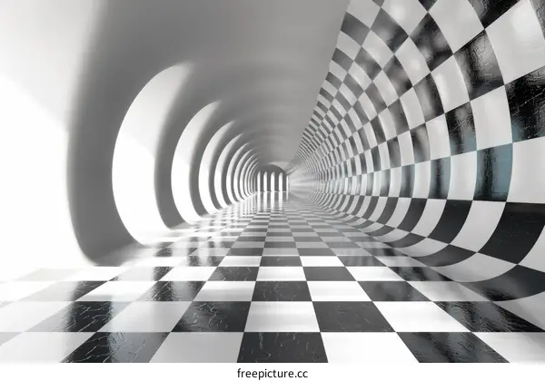 Futuristic black and white checkered tunnel