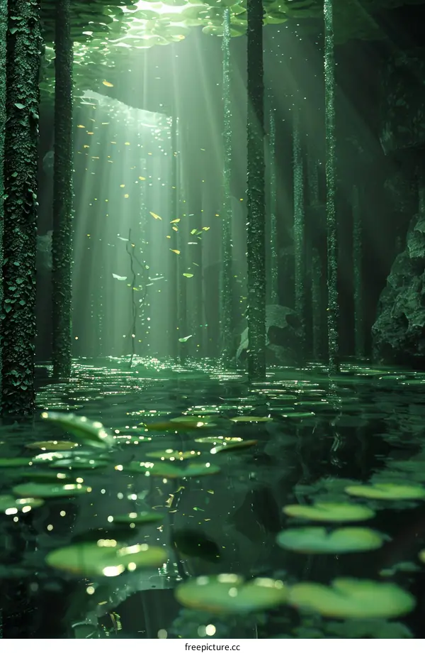 Mystical Glowing Lake in the Deep Dark Forest