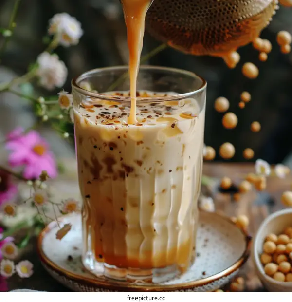 Iced coffee with soy milk being poured into a glass