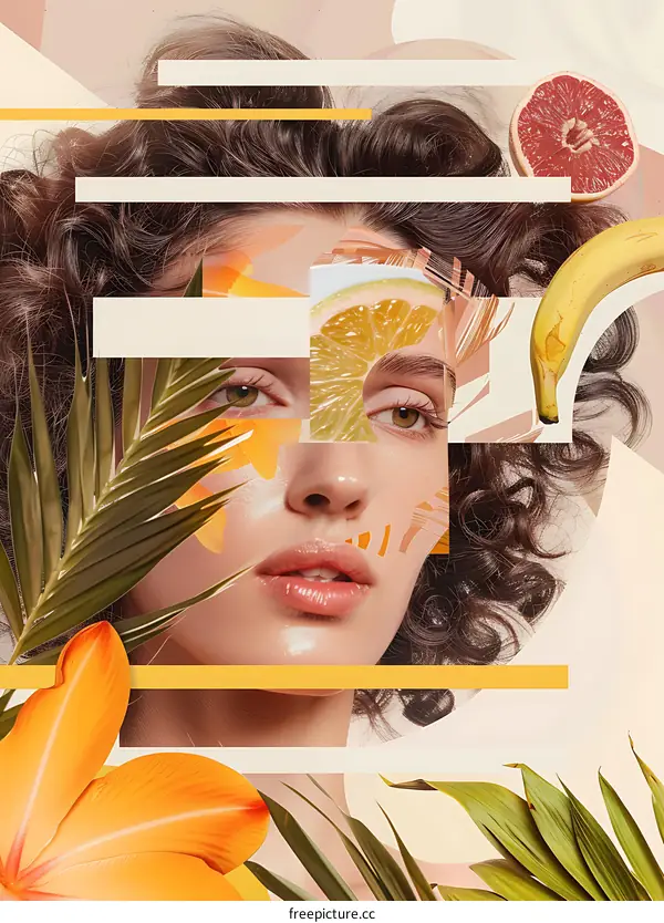 Collage of Woman Face with Tropical Fruits and Flowers