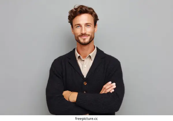 Confident Man Posing Against Gray Background